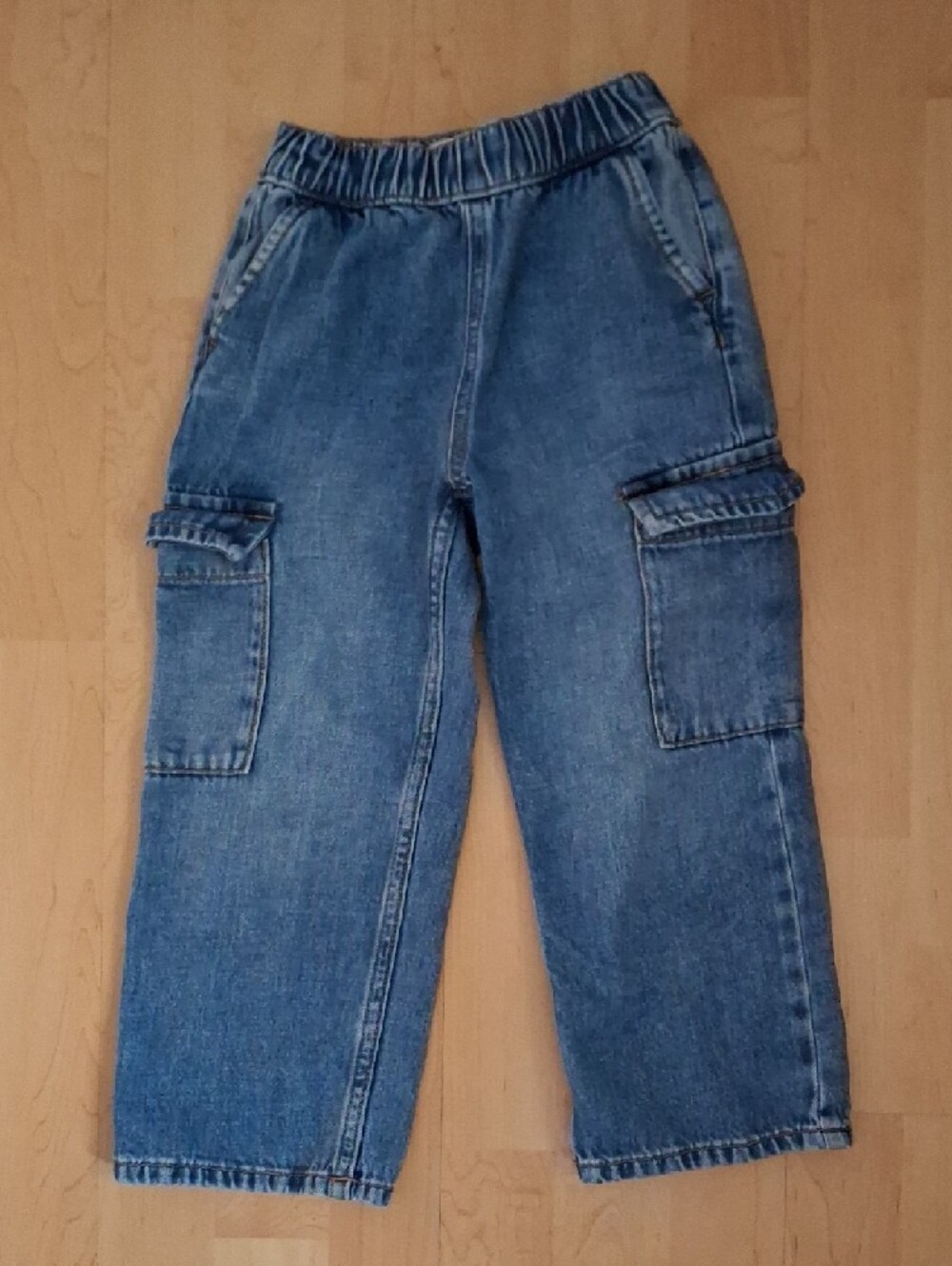 ZARA Light Blue Denim Elastic Waist Jeans Cargo Pockets Wide Leg Size 4-5